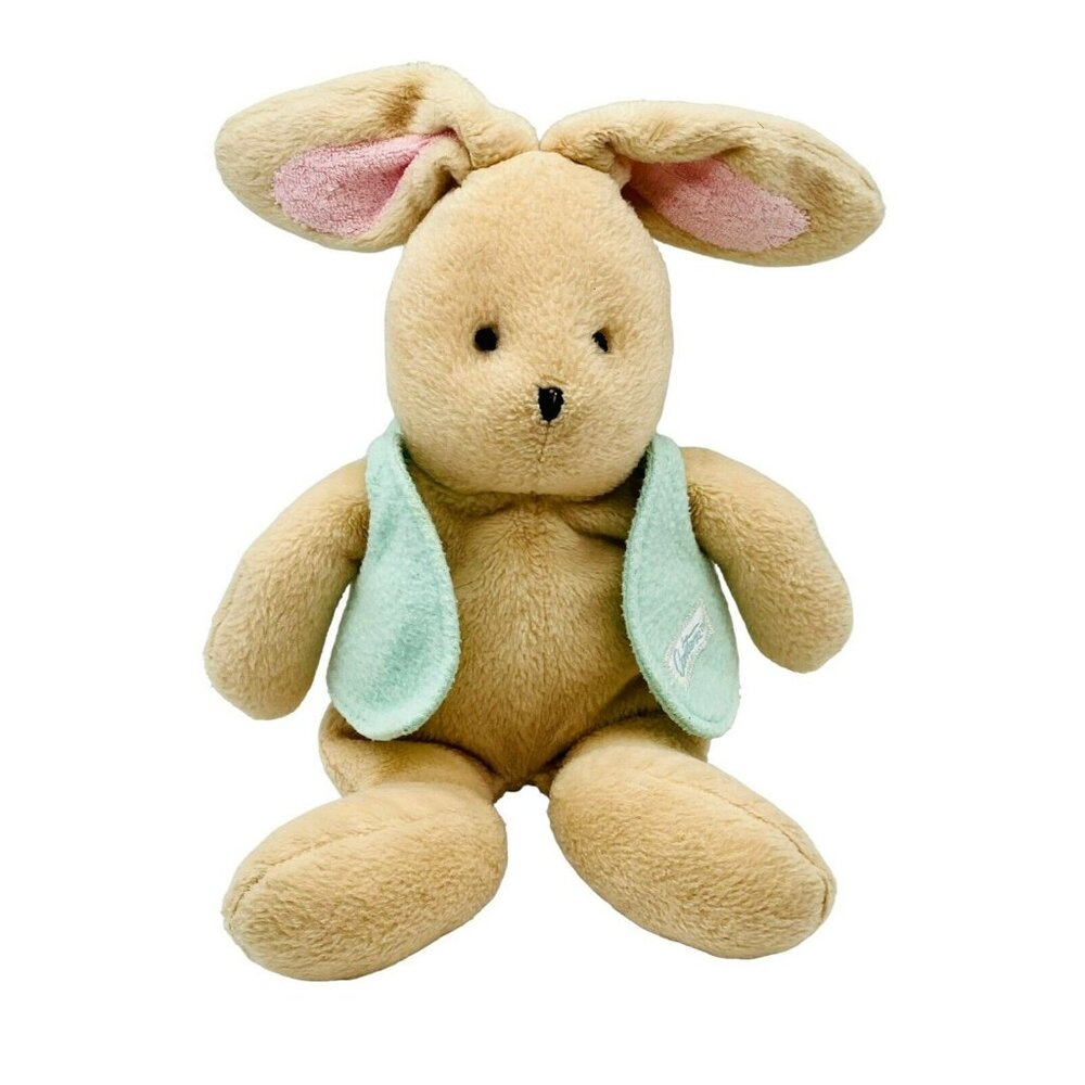 Carters Prestige Tan Bunny Rabbit Plush Rattle Mint Green Vest 10 inch